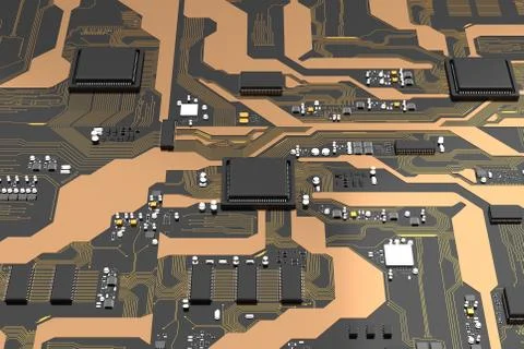 3D Rendered printed circuit board with cpu chipset processor electronic eleme Stock Illustration
