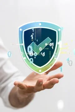 3D rendered protected data held in a person's hand Foto stock