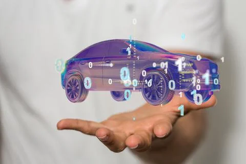 3D rendered purple car with binary code over a man's palm 写真素材