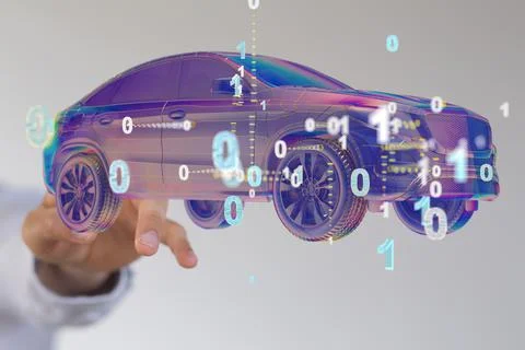 3D rendered purple car with binary code against a person Stockfoto's