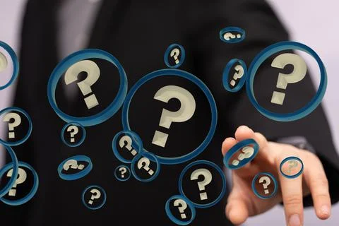 3D rendered question mark icon hovering in mans hand Stock Photos