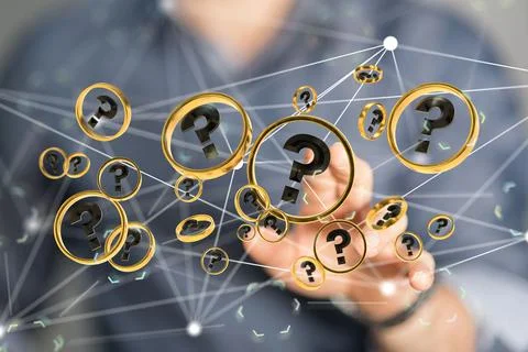 3D rendered question mark icon hovering in mans hand Stock Photos