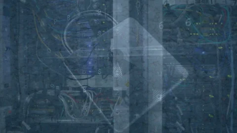 3D-rendered rack scanning for malware triggers padlock pulsing, firewall Stock Footage 313169723
