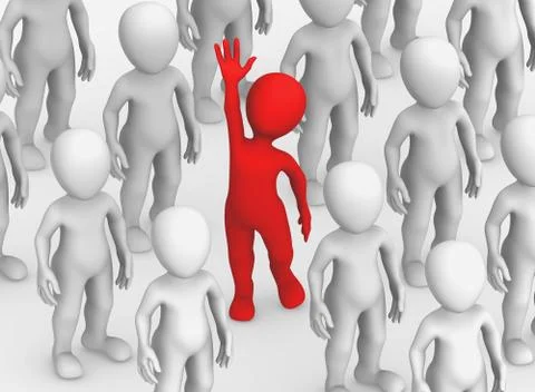 3d rendered red human in the middle of a great number of white people Stock Illustration