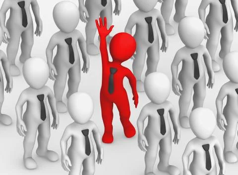 3d rendered red human in the middle of a great number of white people Stock Illustration