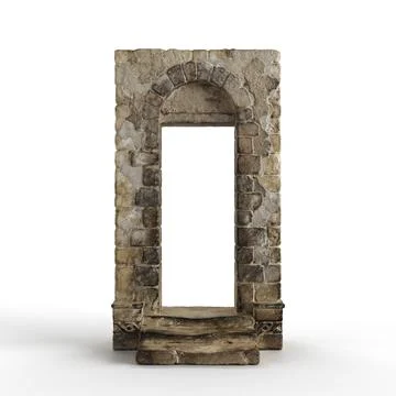 3D rendered scale model of a classic, stone archway with small stairs Illustrazione stock