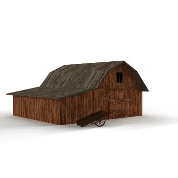 3D rendered scale model of an old barn with a wooden cart Stock Illustration
