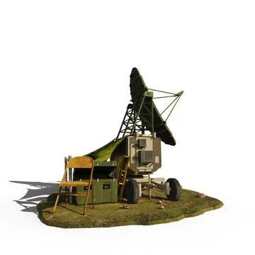 3D rendered scale model of a small military satellite next to a crate and a chai Stock Illustration