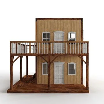 3D rendered scale model of a wooden building featuring white-framed windows Ilustración de archivo
