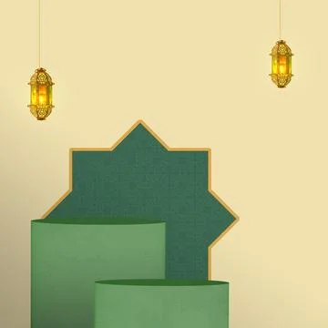 A 3D rendered scene featuring green cylindrical podiums against an Islamic .. Stock Photos