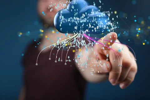 A 3D rendered sci-fi cloud hologram with binary code - cloud storage and inte 库存照片