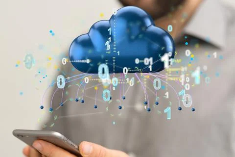 A 3D rendered sci-fi cloud hologram with binary code - cloud storage and inte 库存照片