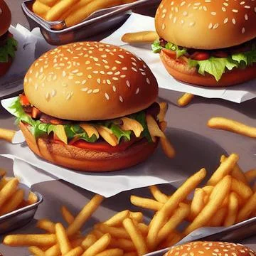 3D-rendered seamless pattern of delicious burgers with fries Stock Illustration