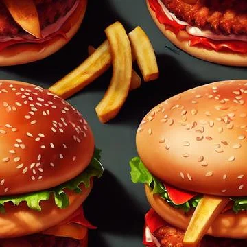 3D-rendered seamless pattern of delicious burgers with fries 스톡 일러스트
