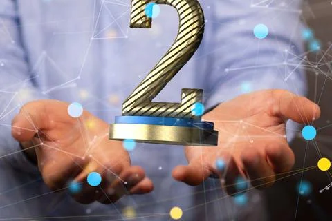 3d rendered second place trophy hovering over the man's hands 스톡 사진
