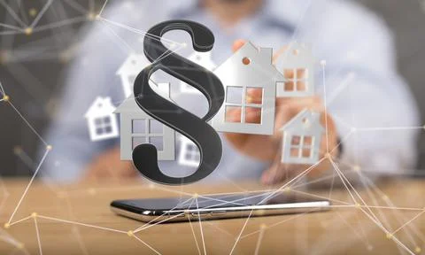 3D rendered section sign and houses held in person's hand Stock Photos
