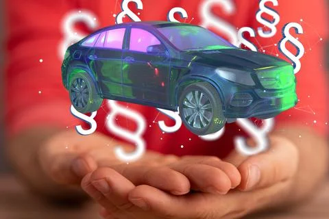 3D rendered section signs and a car held in person's hand Stock Photos