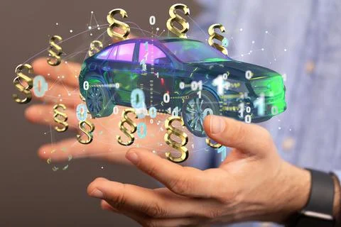 3D rendered section signs and a car held in person's hand Fotos de archivo