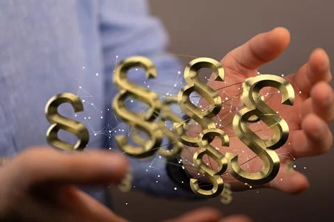 3D rendered section signs held in person's hand Stockfoto's