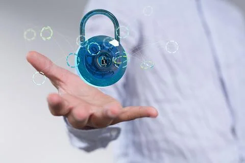 3D rendered security lock floating above a hand Foto stock