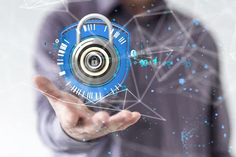 3D rendered security lock hovering in man's hand Foto stock