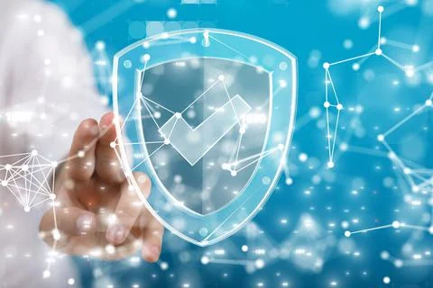 3D rendered security lock hovering in mans hand Stock Photos