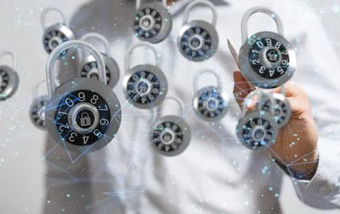 3D rendered security lock hovering in mans hand 写真素材