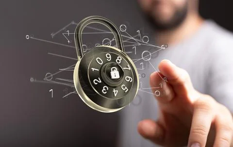 3D rendered security lock hovering in mans hand Foto stock