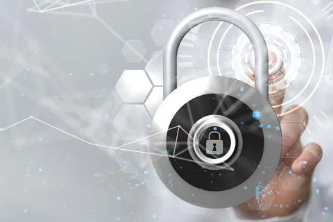 3D rendered security lock hovering in mans hand Foto stock