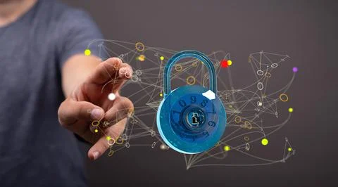 3D rendered security lock hovering in mans hand Stockfoto's