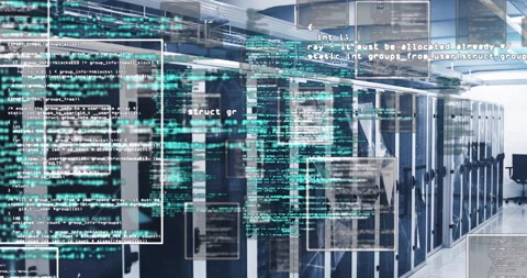 3D-rendered server racks lining corridor, glass cabinets glowing, code windows Stock Footage 309100251