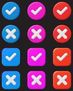 3d rendered set of colorful checkmark and cross icons on dark background Stock Illustration