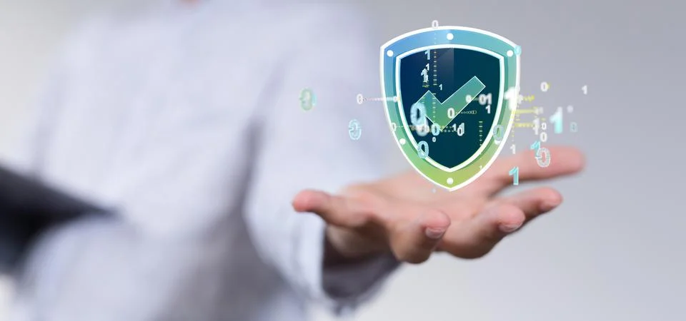 3d rendered shield check mark icon on hand - firewall and encryption concept Stock Photos