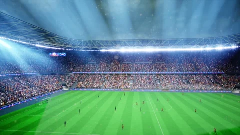 3D rendered soccer players compete on snow covered stadium pitch during daytime Stock Footage 335466517