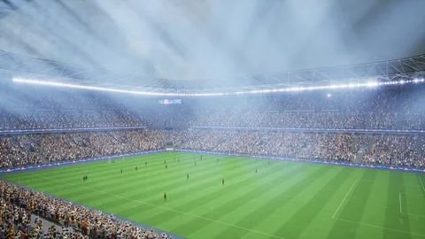 3D rendered soccer players doing ball kickoff during match played late on snowy Stock Illustration