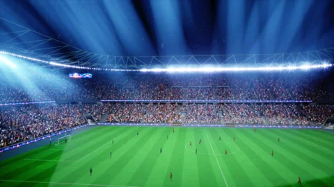 3D rendered soccer players running on snow covered dark stadium pitch Stock Footage 335466601