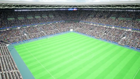 3D rendered soccer stadium with pitch lit by sunny day, live sports culture Stock Footage 335466269