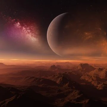 3d rendered Space Art: Alien Planet - A Fantasy Landscape with red skies Stock Illustration