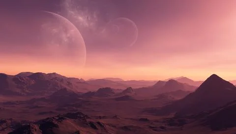 3d rendered Space Art: Alien Planet - A Fantasy Landscape with red skies and Stock Illustration