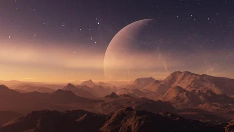 3d rendered Space Art: Alien Planet - A Fantasy Landscape with purple skies a Stock Illustration