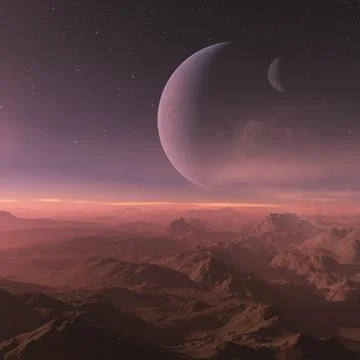 3d rendered Space Art: Alien Planet - A Fantasy Landscape with purple skies a Stock Illustration