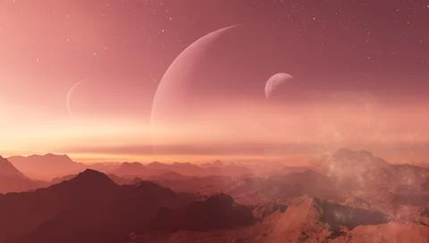 3d rendered Space Art: Alien Planet - A Fantasy Landscape with red skies and Stock Illustration