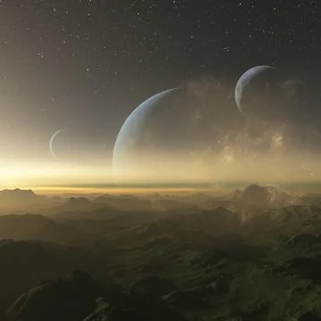 3d rendered Space Art: Alien Planet - A Fantasy frozen landscape with planets Stock Illustration