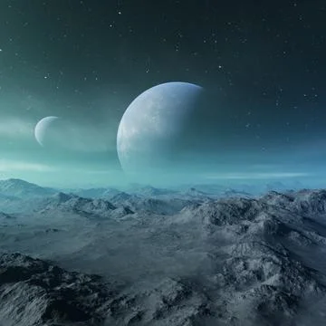 3d rendered Space Art: Alien Planet - A Fantasy Landscape with blue skies and Stock Illustration