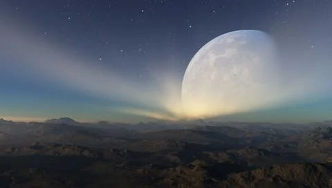 3d rendered Space Art: Alien Planet - A Fantasy Landscape with blue skies and Stock Illustration