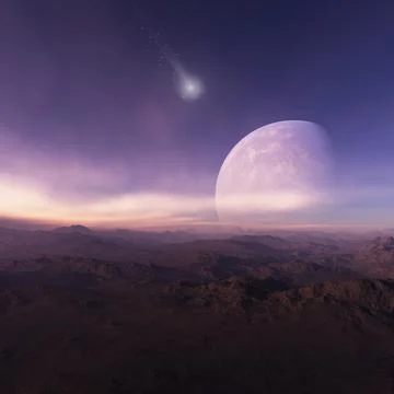 3d rendered Space Art: Alien Planet - A Fantasy Landscape with blue skies and Stock Illustration