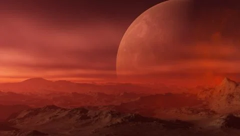 3d rendered Space Art: Alien Planet - A Fantasy Landscape with red skies Stock Illustration