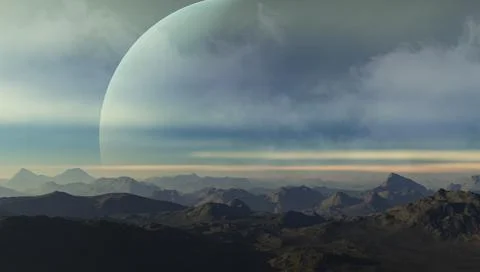 3d rendered Space Art: Alien Planet - A Fantasy Landscape with blue skies and Stock Illustration