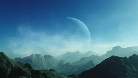 3d rendered Space Art: Alien Planet - A Fantasy Landscape with blue skies and Stock Illustration
