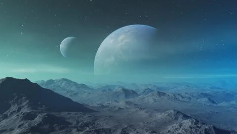 3d rendered Space Art: Alien Planet - A Fantasy Landscape with blue skies and Stock Illustration